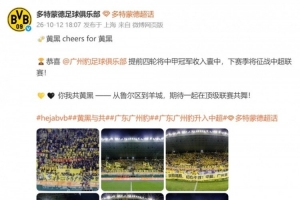 黄黑联动！多特蒙德官博祝贺广州豹冲超成功 广州豹官博转发感谢